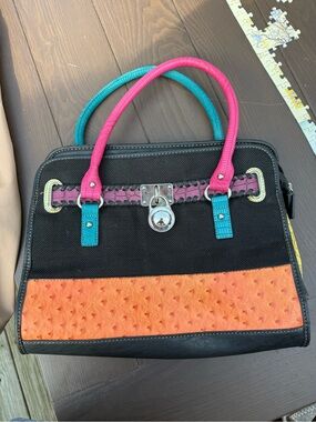 Alba Black Satchel with Pink & Teal Handles and Orange Accent 1980’s retro